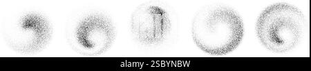 Dotted swirl gradient shapes. Black stippled spiral object set. Grainy spray circles collection. Noise wave splashes and splatters forms. Dissolving sand dust texture. Vector fading halftone elements Stock Vector