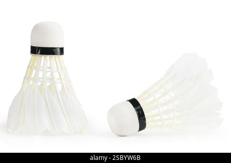 Shuttlecocks made from natural feather for badminton over white background Stock Photo