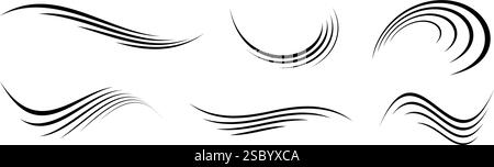Wind motion lines set. Flowing waves collection. Blowing hurricane, breeze or storm line concept. Black swirls, curves and spirals bundle. Air movement and gust symbols pack. Vector Stock Vector