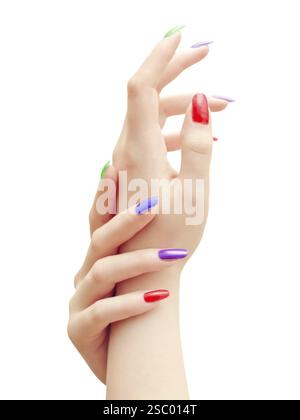 Woman hands with multicolored nails against the white background Stock Photo