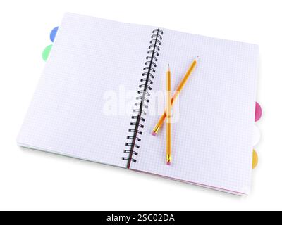 Office supplies: opened notepad notebook with pensils over white background Stock Photo