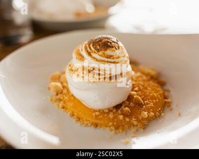 Dessert of burnt meringue cream, on fruit puree and crushed biscuit, in a restaurant Stock Photo