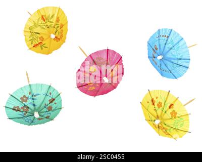 Five multicolored cocktail umbrellas against the white background Stock Photo