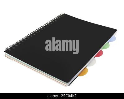 Closed black notepad notebook with multicolored bookmarks over white Stock Photo