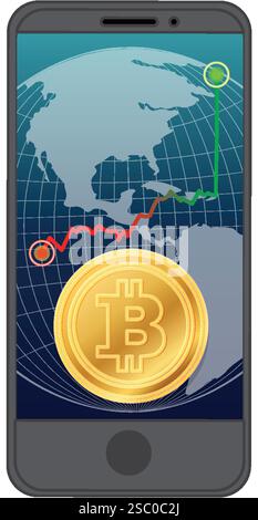Bitcoin and global market trends on smartphone screen Stock Vector