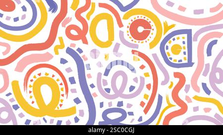 A vibrant abstract design with bold brushstroke patterns in red, yellow, blue, and lavender on a white background. Ideal for creative projects. Stock Vector
