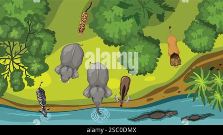 Animals gather by a river in a jungle Stock Vector