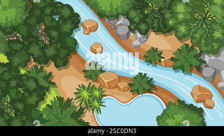 A tranquil river winding through dense green foliage Stock Vector