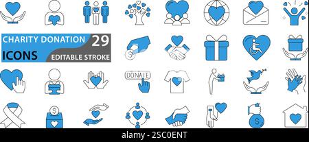 Charity and Donation icon set. Help, volunteer, donated, assistance, sharing and solidarity symbol. Set icons vector collection. Stock Vector