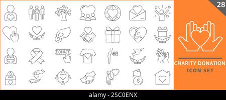 Charity and Donation icon set. Help, volunteer, donated, assistance, sharing and solidarity symbol. Set icons vector collection. Stock Vector