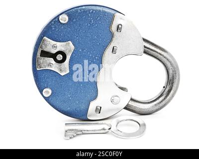 Blue Metal Padlock With Key Against The White Background Daugavpils, Latvia, Europe Stock Photo