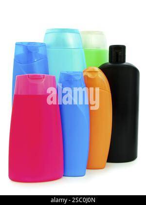 Different Toiletries Plastic Bottles Over White Background Stock Photo