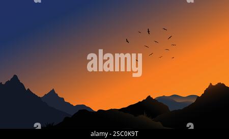 Mountain silhouette at sunset with flying birds in the sky Stock Vector