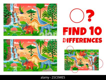Find ten differences between prehistoric dinosaurs, kids game worksheet. Vector puzzle quiz of children education with cartoon cute dino animals chara Stock Vector