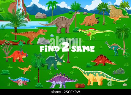 Kids game, find two same prehistoric era dinosaur characters vector worksheet. Cartoon dinos matching puzzle quiz with tyrannosaurus, velociraptor and Stock Vector