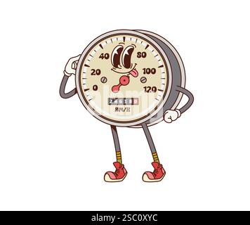 Cartoon retro groovy car speedometer character. Car spare part happy isolated vector personage or automobile dashboard gauge comical groovy mascot. Au Stock Vector