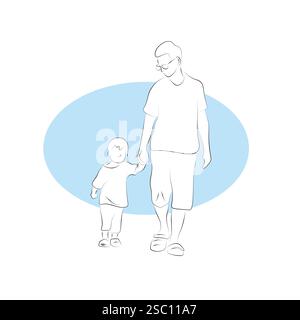 father and son walking together illustration vector hand drawn with black lines isolated on white Stock Vector