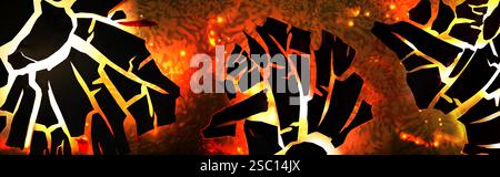 Lava filled geological cracks spreading through dark broken surface, illuminated volcanic fissures with glowing magma streams and blazing particles. Underground natural disaster molten rock pattern. Stock Vector
