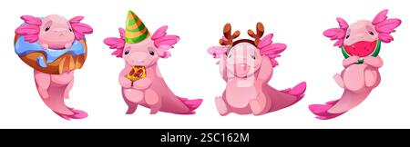 Cute pink axolotl character set with tasty treats - with glazed donut on neck, eating pizza slice in party hat, wearing reindeer antlers, enjoying watermelon piece. Cheerful mascot collection. Stock Vector