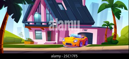 Cartoon pink house with garage and bright yellow sports car on driveway surrounded by palm trees. Modern residential building exterior with dark roof, tropical landscaping and urban skyline background Stock Vector