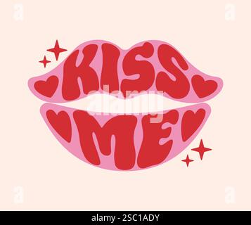 A vibrant vector illustration featuring the phrase Kiss me in bold, hippy psychedelic lettering. The design groovy phrase in the shape of lips creatin Stock Vector
