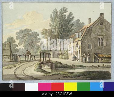 Gezicht op de voor en zijgevels van enkele huizen aan het Zwarte Water te Utrecht bij een brug over het water. Stock Photo