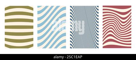Groovy wave stripe set. Hand drawn groovy, hippie backgrounds. Distorted uneven stripes, warped streaks, fluid liquid wavy lines, doodle waves Stock Vector