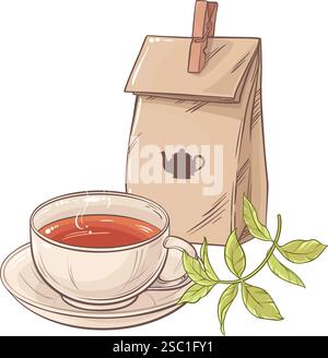 Cup of Tea and Paper Packaging Illustration. Stock Vector