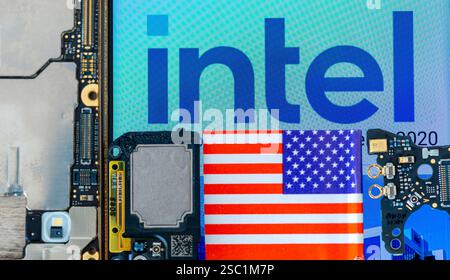 London. UK- 02.02.2025. Close up of the name sign for the American technology corporation Intel, together with semiconductor chips, parts from a cellp Stock Photo