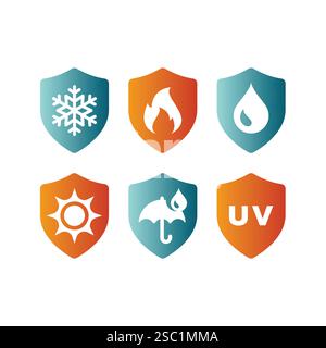 Snowproof, fire proof vector shield label set. UV, cold and heat resistant and protection icon set. Stock Vector