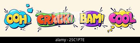 Speech bubbles pack with Ooh Crack Bam Cool worlds and halftone elements. Color cartoon comic illustrations. Stock Vector