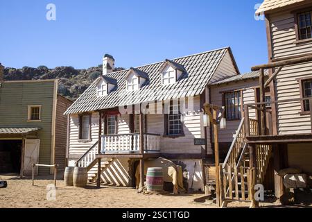 Western Movie Set Facade in Sioux City Park, San Agustin. Vintage wooden buildings in an old western ghost town Stock Photo