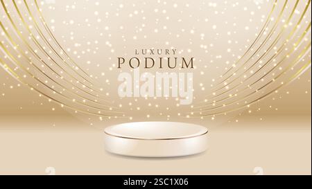 product podium with sparkle golden curve lines bokeh blur elements luxury background 3d realistic scene design vector illustration Stock Vector