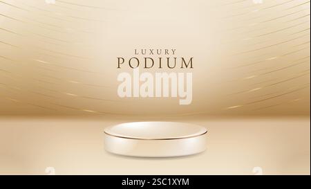 podium with sparkle golden lines bokeh blur elements 3d realistic design Stock Vector