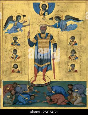 7599. Emperor Basil II, senior Byzantine emperor from 976 to 1025,  in triumphal garb, exemplifying the Imperial Crown handed down by Angels. Stock Photo