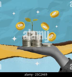 Business Hand holding a plant with growing rising arrow. Vector ...