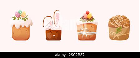 Easter cake set with white glaze decorated with decorative eggs, chocolate pieces, greens and meringue Stock Vector