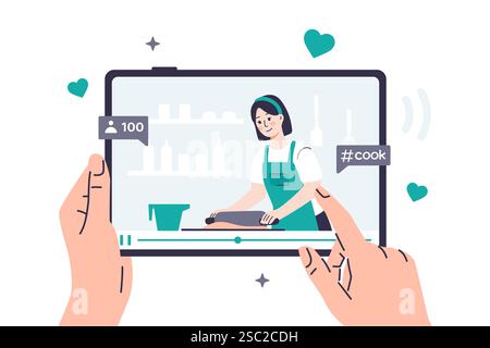 Vector illustration of a person watches a video recipe on a tablet, where a food blogger rolls out dough. Hands are holding a tablet, on which a video Stock Vector