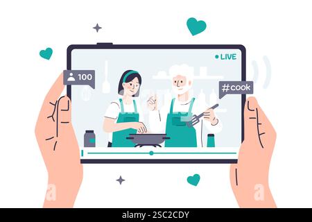 Vector illustration of a person watching a video recipe on a tablet where food bloggers are cooking together. Hands are holding a tablet that is playi Stock Vector