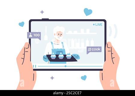 Vector illustration of a person watches a video recipe on a tablet where an elderly man food blogger is making muffins. Hands are holding a tablet on Stock Vector