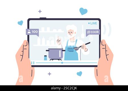 Vector illustration of a person watching a video recipe on a tablet, where an elderly man food blogger is cooking soup. Hands are holding a tablet on Stock Vector