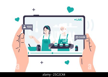 Vector illustration of a person watching a video recipe on a tablet where food bloggers are cooking muffins together. Hands are holding a tablet on wh Stock Vector