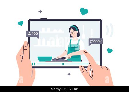 A person watches a video recipe on a tablet, where a food blogger girl is cooking. Hands are holding a tablet on which a video on a culinary topic is Stock Vector