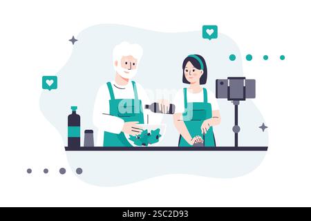 Vector illustration of a food blogger shooting a cooking video. An elderly man and a woman in aprons prepare a salad while streaming content. Use for Stock Vector
