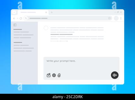AI interface screen of large language model chat assistant with artificial intelligence UI to input prompt question desktop laptop web design user Stock Vector