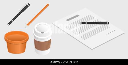 Workspace Essentials Documents, Writing Tools, Coffee Cup and Plant Pot Stock Vector