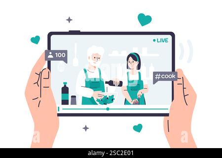 Vector illustration of a person watching a video recipe on a tablet where food bloggers are preparing a salad together. Hands are holding a tablet on Stock Vector