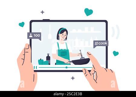 A person watches a video recipe on a tablet, where a food blogger girl is cooking. Hands are holding a tablet on which a video on a culinary topic is Stock Vector
