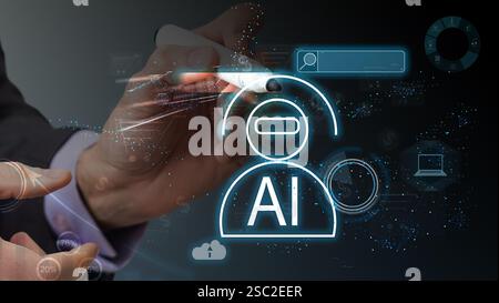 Multilingual Language Translation Technology Concept. A person holding holographic globe with speech bubbles and various languages, represents global Stock Photo
