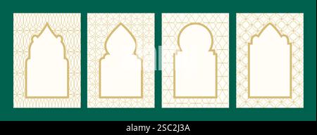 Set of templates for postcards with painting in arabic style. Cards with islamic shapes and golden geometric patterns. Blank leaflet, brochure, flyer Stock Vector